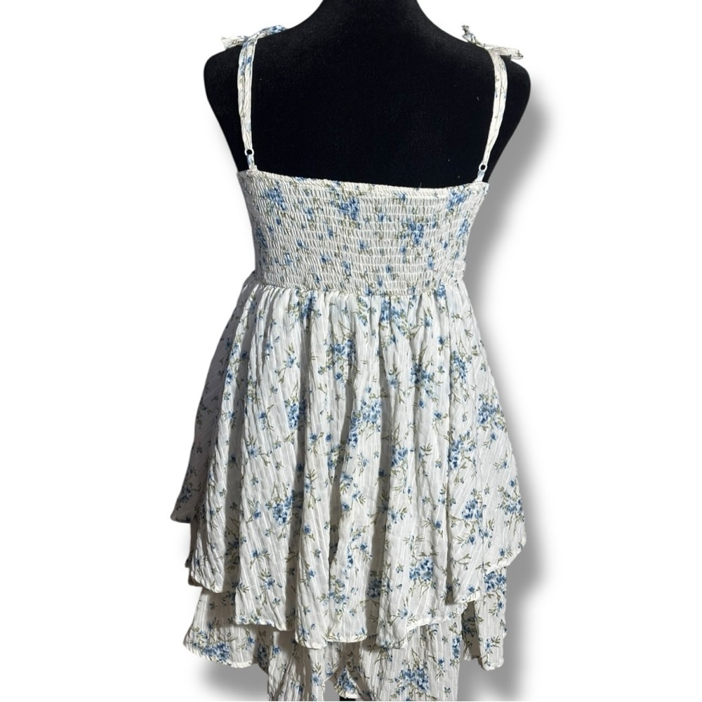 Unbranded White and Blue Floral Layered Tie Straps Empire Waist Babydoll Dress - Picture 8 of 16